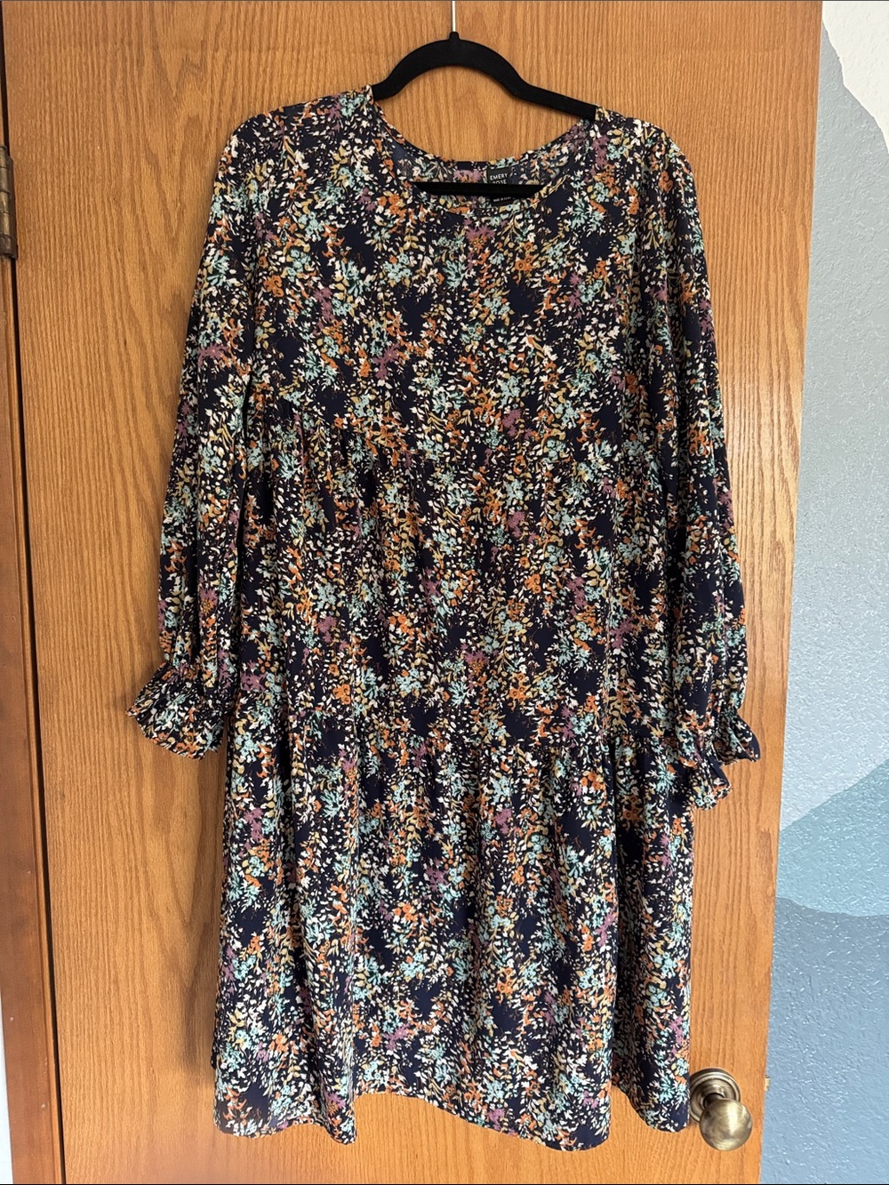 Tiered Long-Sleeve Floral Dress in Navy